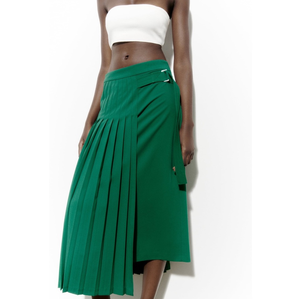 Zara Emerald Green Pleated A-Line Midi Skirt